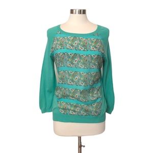 Anthropologie Moth Green Paisley Mixed Fabric Sweater Top